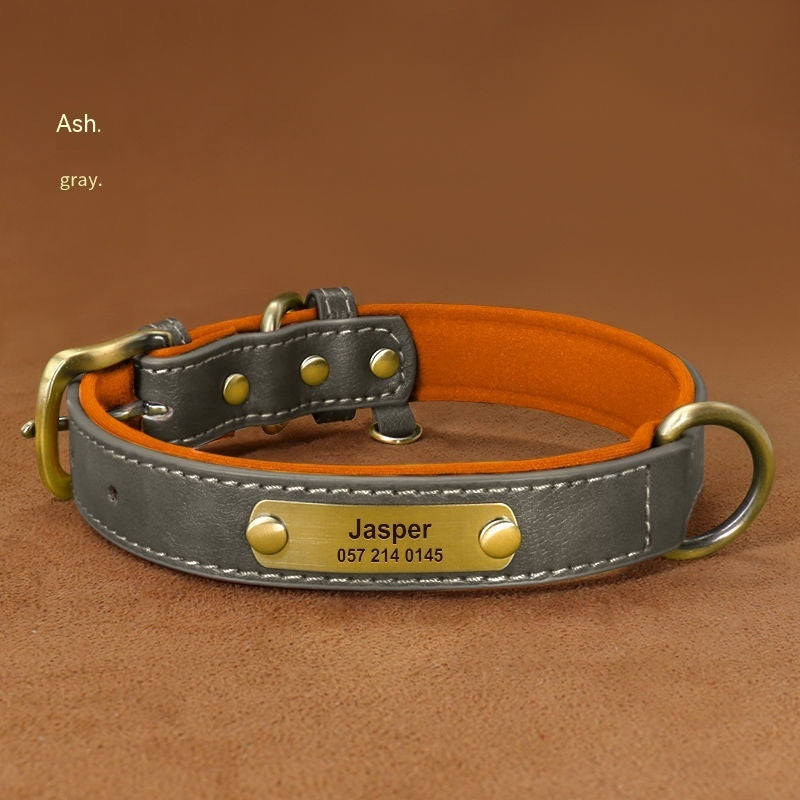 HKM-8794429 Engraved Ultra Fiber PU Dog Collar with Zinc Alloy Buckle - Grey, Brown, Green, Red Options