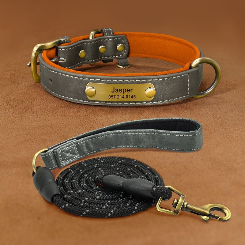 HKM-8794429 Engraved Ultra Fiber PU Dog Collar with Zinc Alloy Buckle - Grey, Brown, Green, Red Options