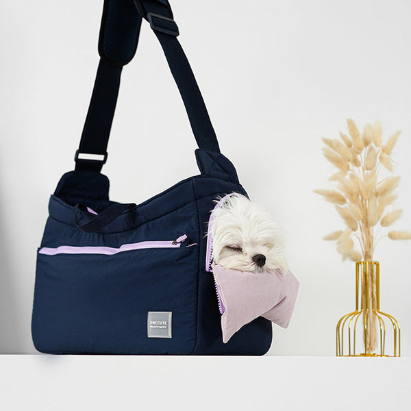 HKM-8794813 Portable Mesh Cat Shoulder Crossbody Pet Bag - Navy Blue & Khaki, 40x14x25cm