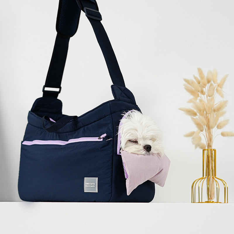HKM-8794813 Portable Mesh Cat Shoulder Crossbody Pet Bag - Navy Blue & Khaki, 40x14x25cm
