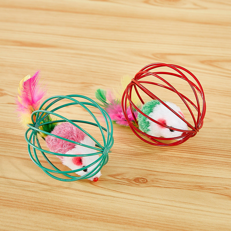 HKM-8796989 Colorful Plush Cat Toy Cage with Mouse for Nibbling Playtime