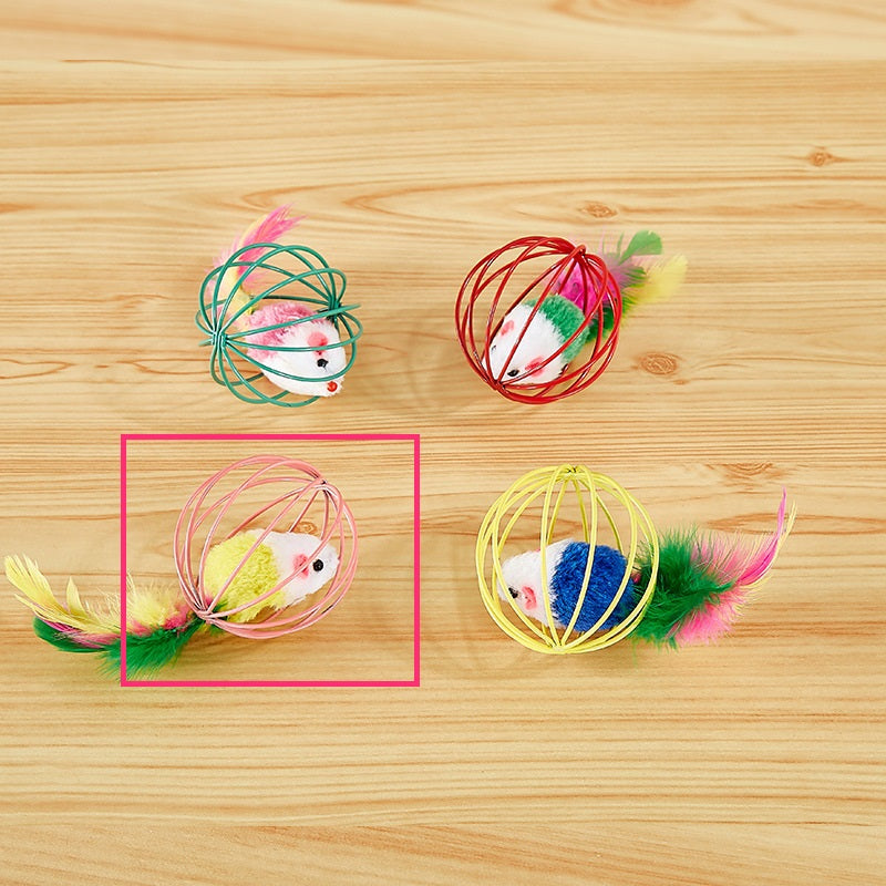 HKM-8796989 Colorful Plush Cat Toy Cage with Mouse for Nibbling Playtime