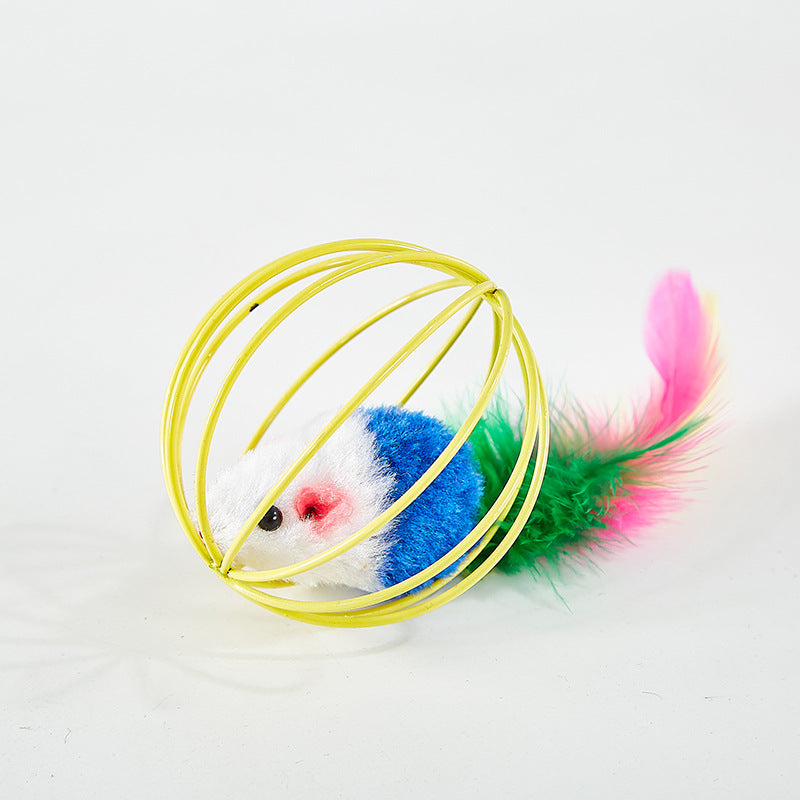 HKM-8796989 Colorful Plush Cat Toy Cage with Mouse for Nibbling Playtime