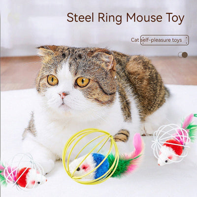 HKM-8796989 Colorful Plush Cat Toy Cage with Mouse for Nibbling Playtime