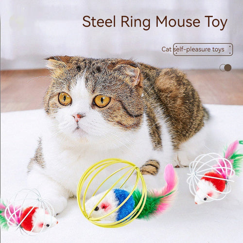 HKM-8796989 Colorful Plush Cat Toy Cage with Mouse for Nibbling Playtime