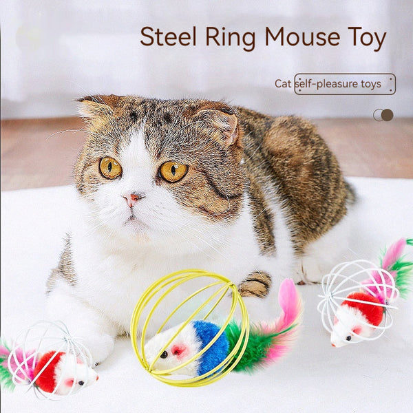 HKM-8796989 Colorful Plush Cat Toy Cage with Mouse for Nibbling Playtime