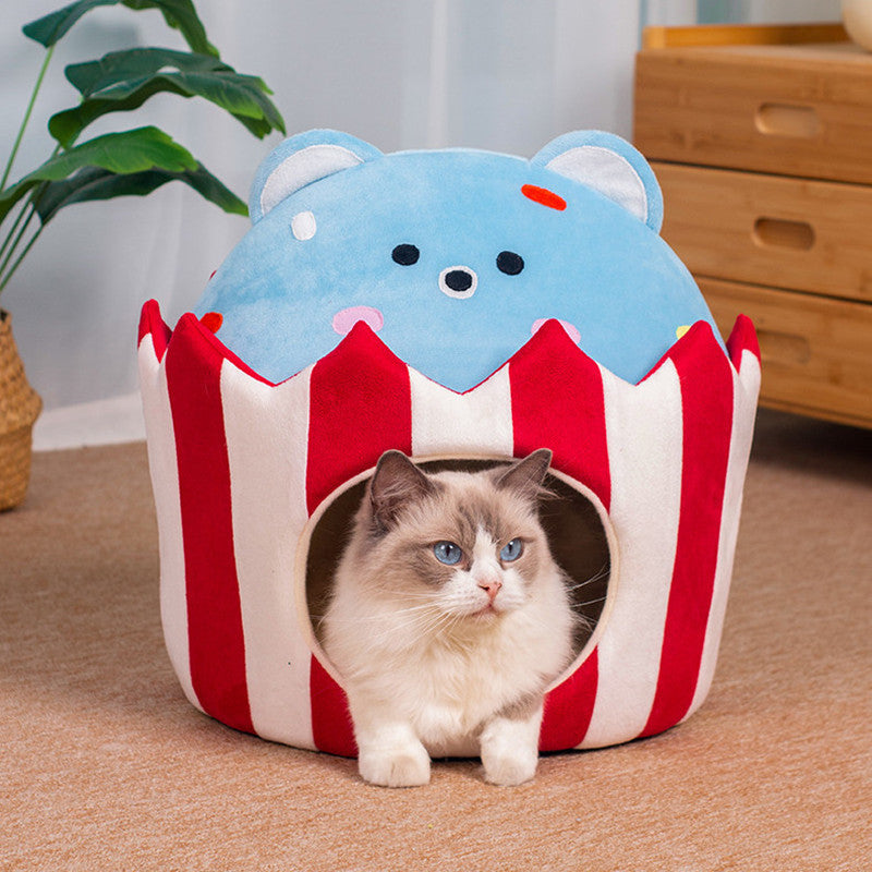 HKM-8798397 Cozy Warm Semi-Closed Cat Nest - Soft Cloth Cat Litter for Comfort and Relaxation