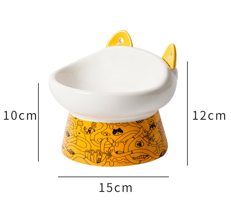 HKM-8798525 Elevated Ceramic Cat Bowl with Anti-Overturn Design and Cat Ear Spoons