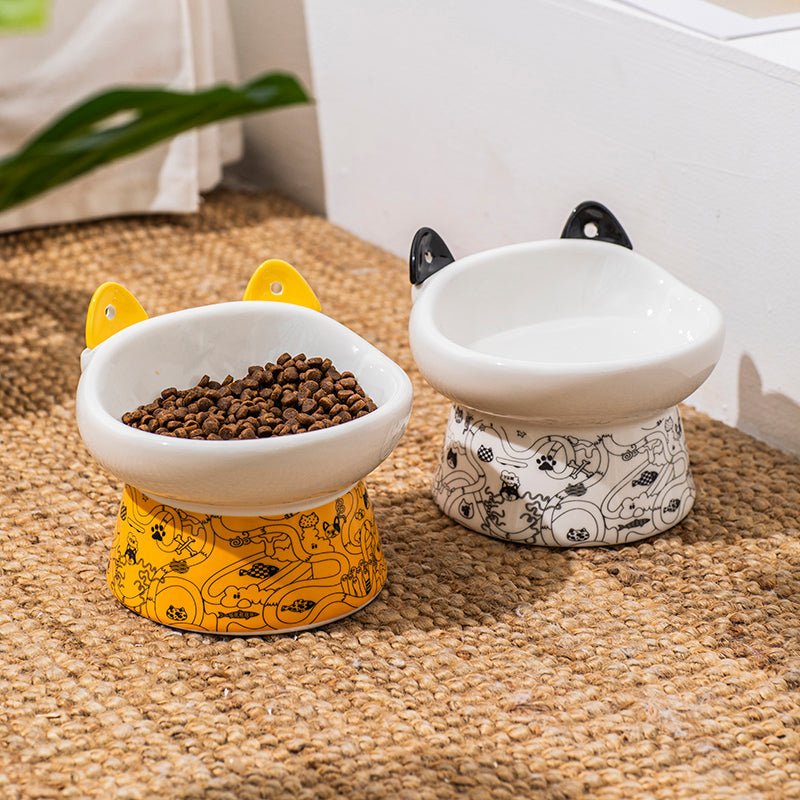 HKM-8798525 Elevated Ceramic Cat Bowl with Anti-Overturn Design and Cat Ear Spoons