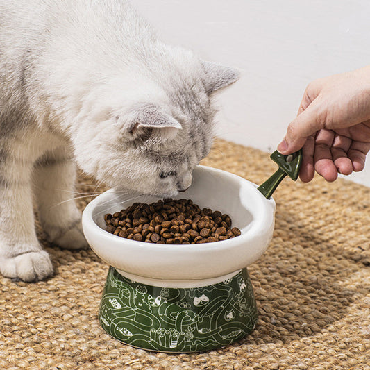 HKM-8798525 Elevated Ceramic Cat Bowl with Anti-Overturn Design and Cat Ear Spoons