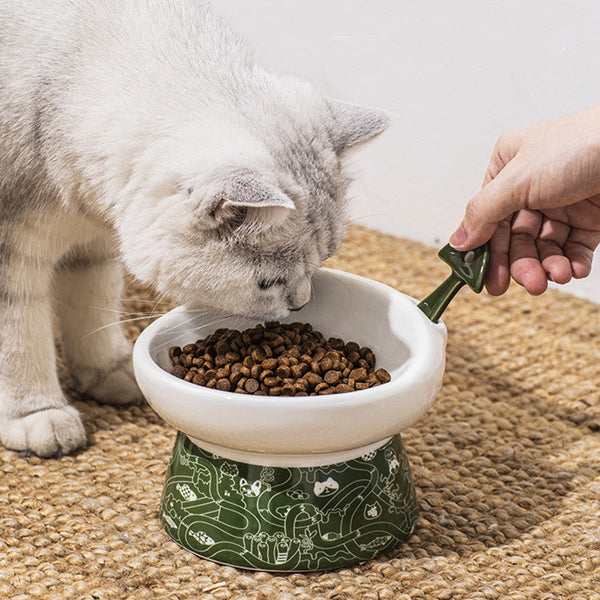 HKM-8798525 Elevated Ceramic Cat Bowl with Anti-Overturn Design and Cat Ear Spoons
