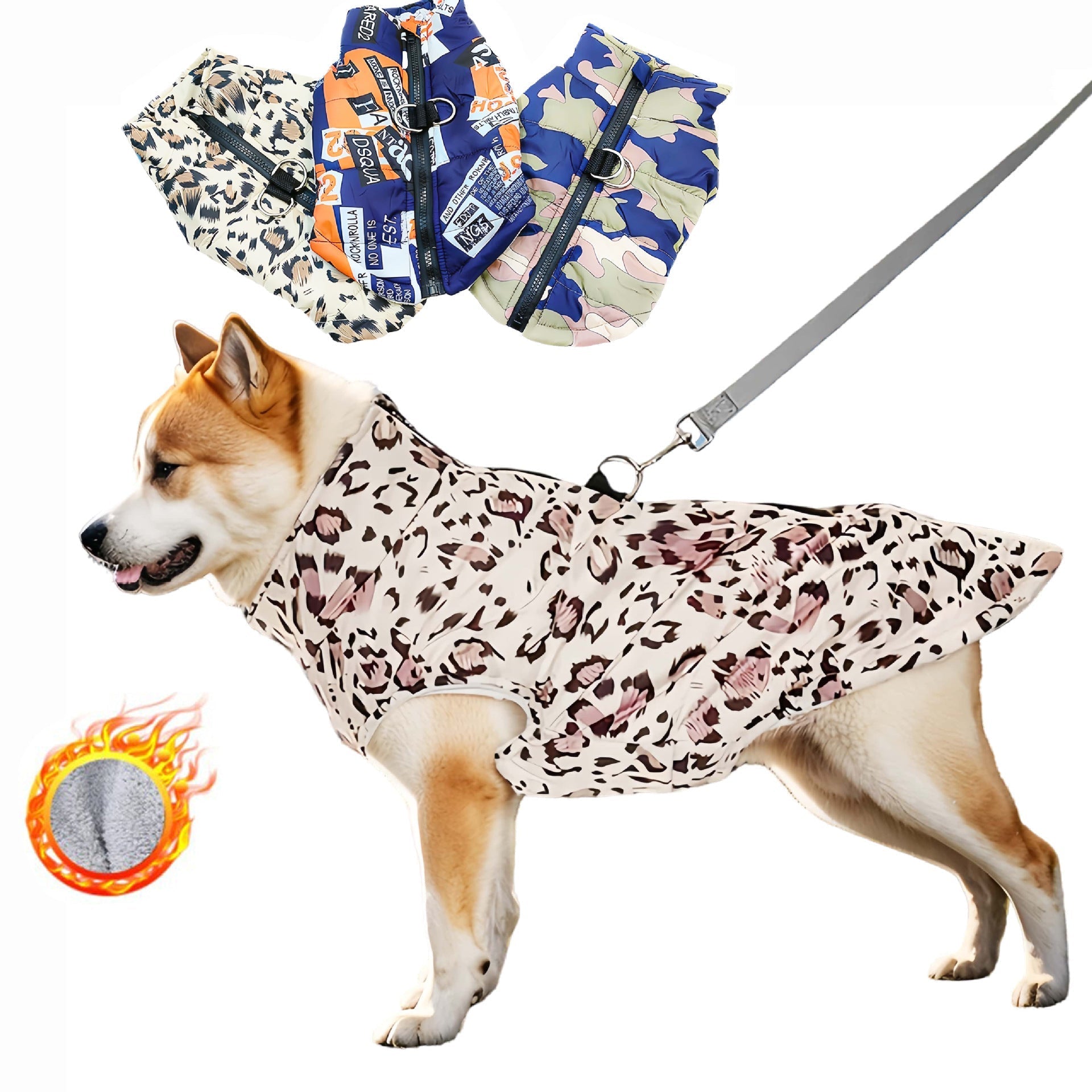 HKM-8798909 Waterproof Cotton-Padded Pet Coat with Zipper - Dark Blue, Leopard Print, Camouflage Options in Multiple Sizes