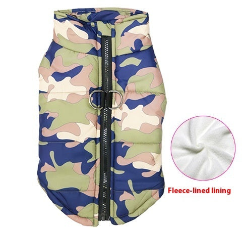 HKM-8798909 Waterproof Cotton-Padded Pet Coat with Zipper - Dark Blue, Leopard Print, Camouflage Options in Multiple Sizes