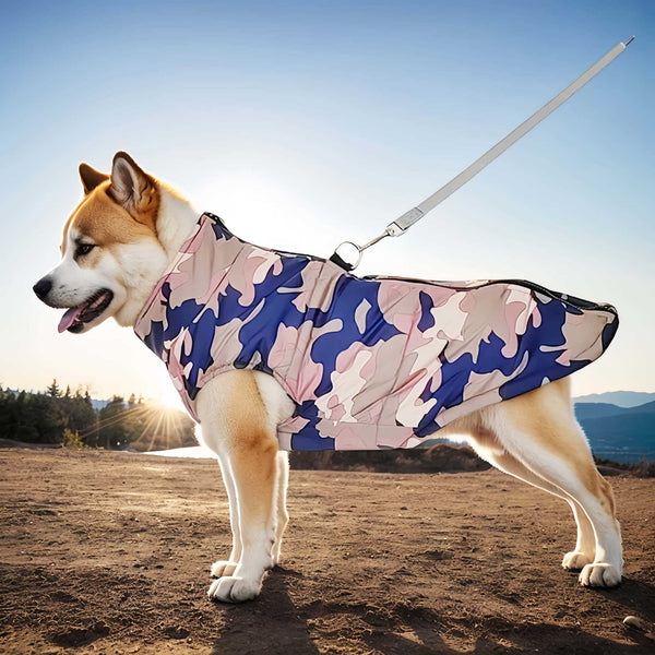HKM-8798909 Waterproof Cotton-Padded Pet Coat with Zipper - Dark Blue, Leopard Print, Camouflage Options in Multiple Sizes