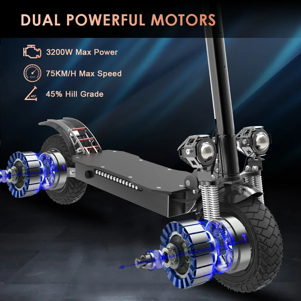 HKM-879955 75KM/H Electric Kick Scooter with 3200W Dual Motor, Waterproof Design, 10-Inch Fat Tires, Max Load 200 kg