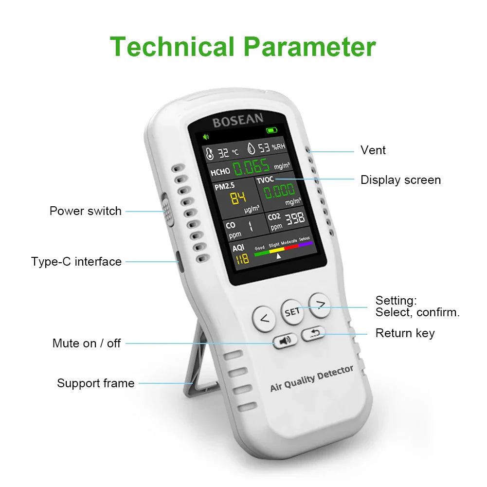 HKM-880275 Air Quality Monitor for CO2, CO, PM2.5, HCHO, TVOC, Temperature, and Humidity with Real Sensors