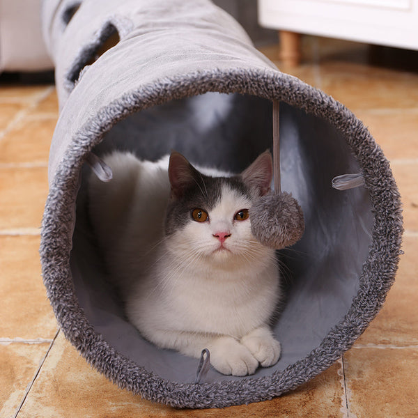 HKM-8808893 Collapsible Soft Suede Cat Tunnel for Kittens and Small Pets - Grey, Two Sizes Available