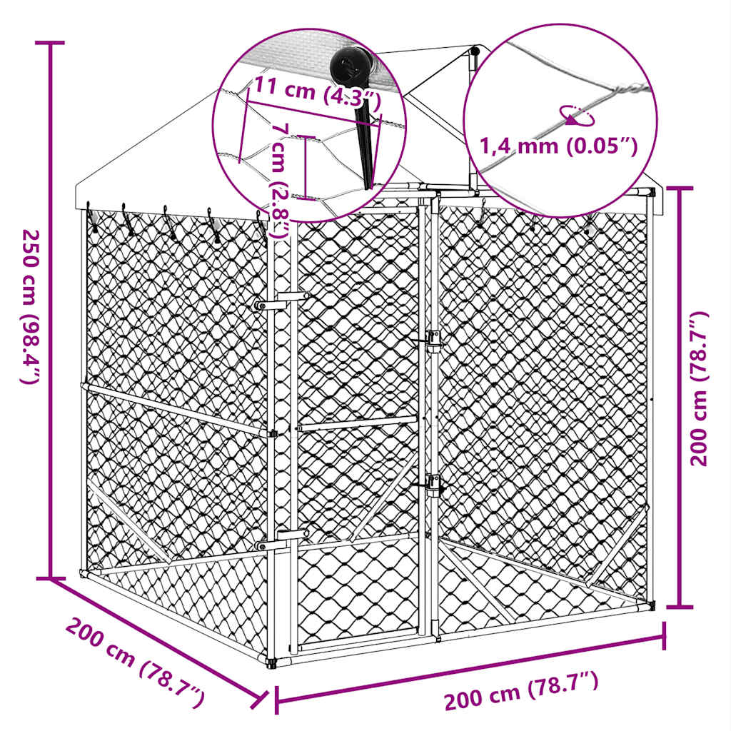 HKM-8809149 Spacious Outdoor Dog Kennel with Roof, Galvanized Steel, 2x2x2.5 m