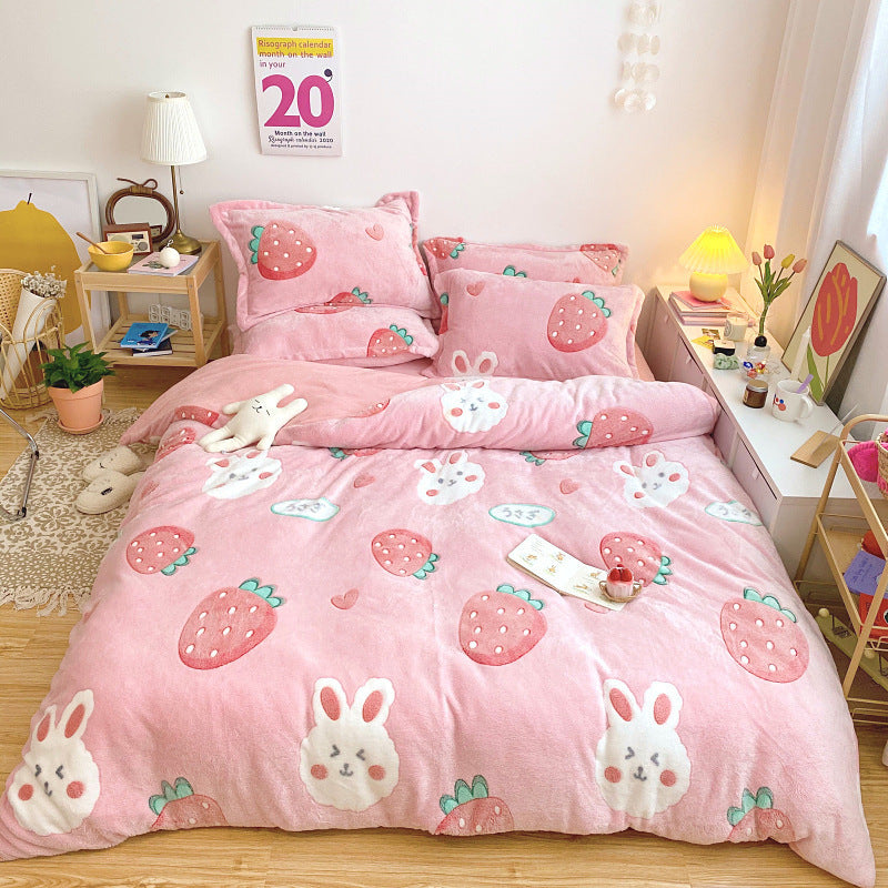 HKM-881235 Cartoon Snow Fleece Bedding Set - 4-Piece Comforter, Sheet, and Pillowcases, Perfect for Cozy Nights