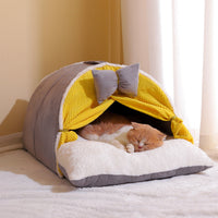 HKM-8813885 Semi-Enclosed All-Season Cat Nest in Creamy Yellow and Brown with Random Mat Design