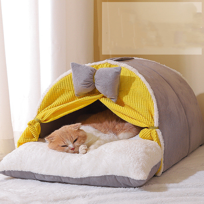 HKM-8813885 Semi-Enclosed All-Season Cat Nest in Creamy Yellow and Brown with Random Mat Design