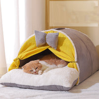 HKM-8813885 Semi-Enclosed All-Season Cat Nest in Creamy Yellow and Brown with Random Mat Design