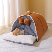 HKM-8813885 Semi-Enclosed All-Season Cat Nest in Creamy Yellow and Brown with Random Mat Design