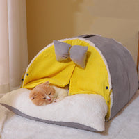 HKM-8813885 Semi-Enclosed All-Season Cat Nest in Creamy Yellow and Brown with Random Mat Design