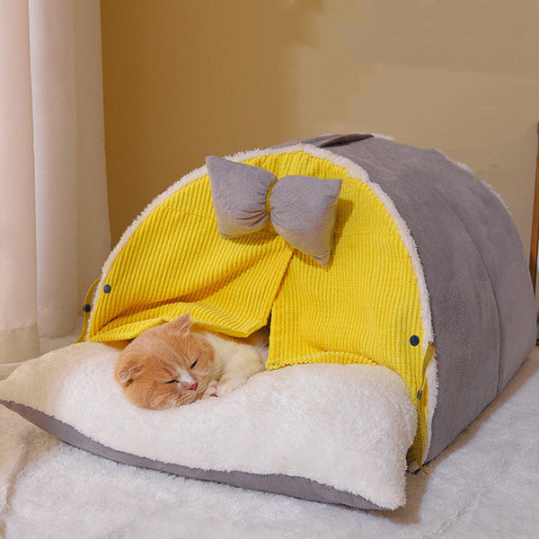 HKM-8813885 Semi-Enclosed All-Season Cat Nest in Creamy Yellow and Brown with Random Mat Design