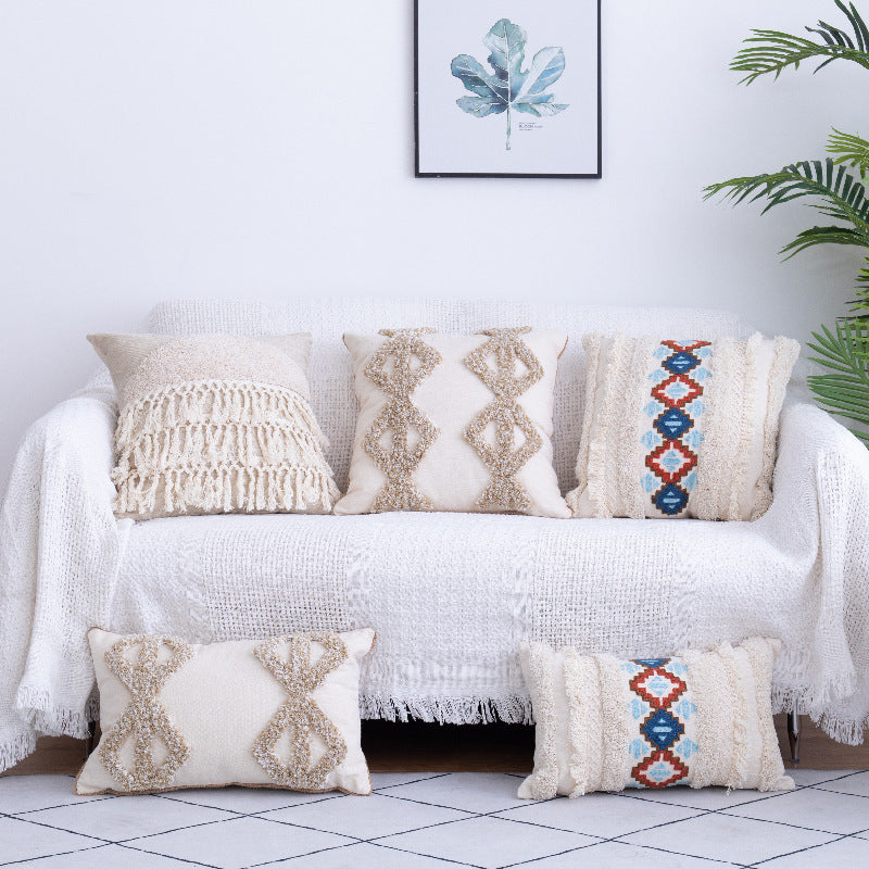 HKM-881619 Moroccan Fringed Tufted Throw Pillow Case - Cotton with PP Cotton Filling - 45x45CM & 45x30CM Sizes Available