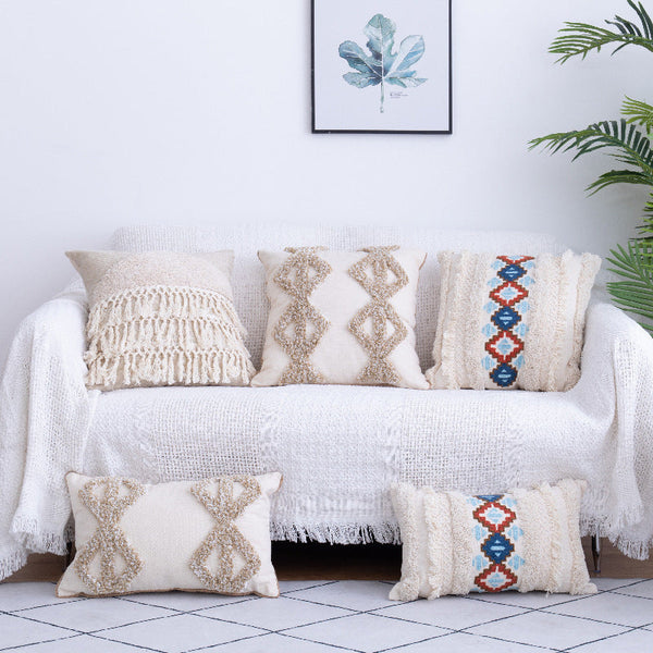 HKM-881619 Moroccan Fringed Tufted Throw Pillow Case - Cotton with PP Cotton Filling - 45x45CM & 45x30CM Sizes Available