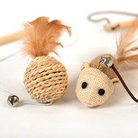 HKM-8820413 Wooden Cat Stick Toy with Mouse, Ball, Fish, Bells, and Feathers