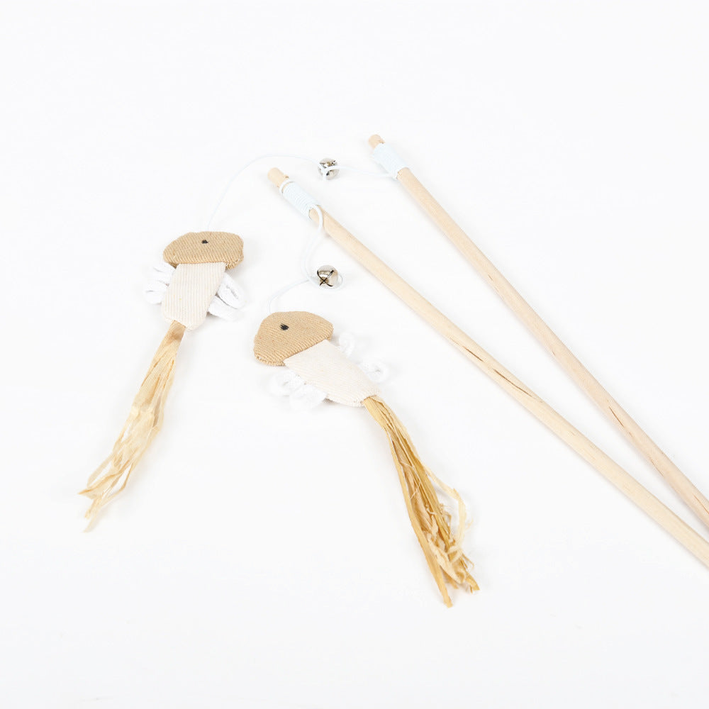 HKM-8820413 Wooden Cat Stick Toy with Mouse, Ball, Fish, Bells, and Feathers