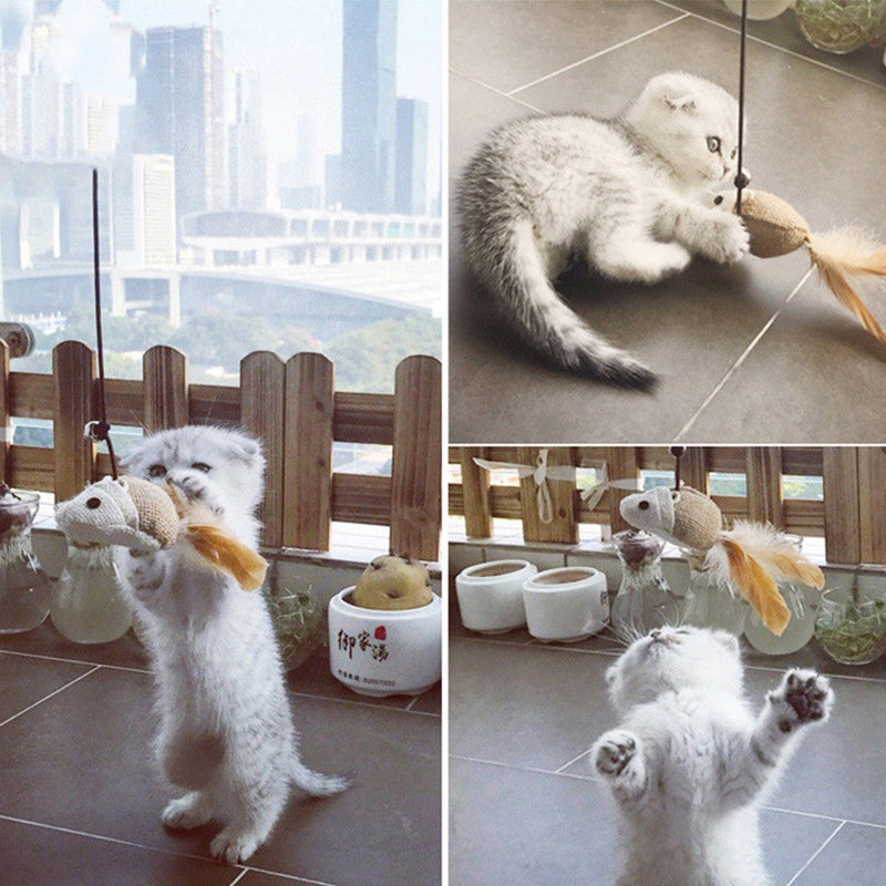 HKM-8820413 Wooden Cat Stick Toy with Mouse, Ball, Fish, Bells, and Feathers