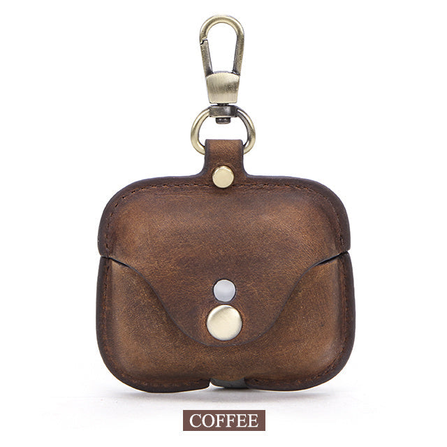 HKM-882131 Vintage Leather Clamshell Cover for AirPods Pro - Crazy Horse Pattern, Brown, Royal Blue, Burgundy