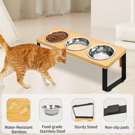 HKM-8821565 Wooden Pet Feeding Rack with Iron Base for Dogs and Cats - Double & Triple Bowl Options