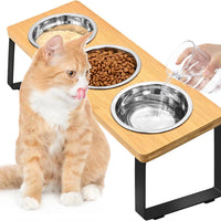 HKM-8821565 Wooden Pet Feeding Rack with Iron Base for Dogs and Cats - Double & Triple Bowl Options