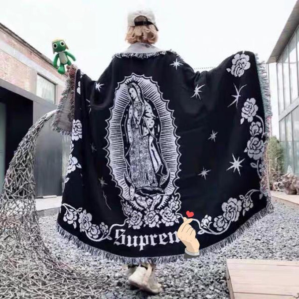 HKM-882387 Virgin Mary Woven Thick Linen Wall Blanket - Decorative Cushion with Floral Cartoon Design