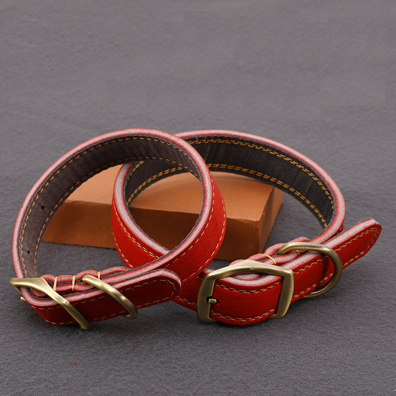 HKM-8825149 First Layer Cowhide Leather Leash Set for Small and Medium Dogs - Reddish Brown Collar and Traction Rope