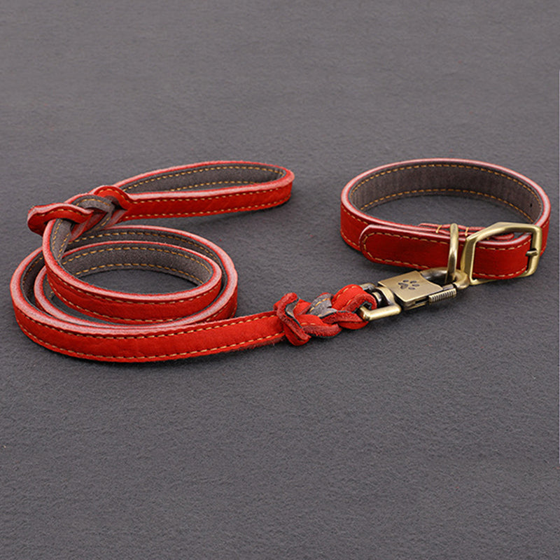 HKM-8825149 First Layer Cowhide Leather Leash Set for Small and Medium Dogs - Reddish Brown Collar and Traction Rope