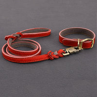 HKM-8825149 First Layer Cowhide Leather Leash Set for Small and Medium Dogs - Reddish Brown Collar and Traction Rope