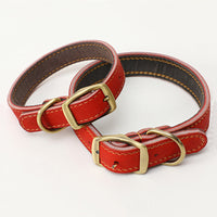HKM-8825149 First Layer Cowhide Leather Leash Set for Small and Medium Dogs - Reddish Brown Collar and Traction Rope