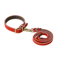 HKM-8825149 First Layer Cowhide Leather Leash Set for Small and Medium Dogs - Reddish Brown Collar and Traction Rope