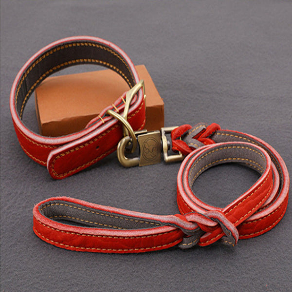HKM-8825149 First Layer Cowhide Leather Leash Set for Small and Medium Dogs - Reddish Brown Collar and Traction Rope