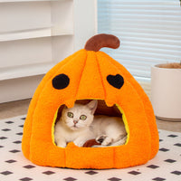 HKM-8825405 Cozy Pumpkin Cat and Dog Bed - Semi-Enclosed Warm Nest for Small Pets