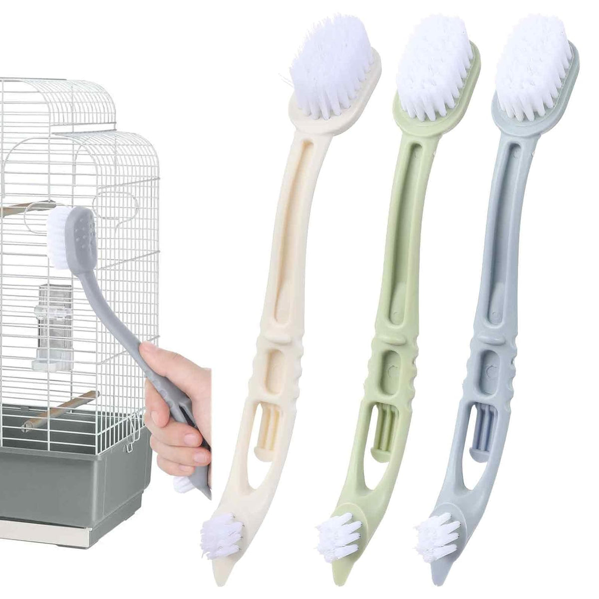 HKM-8826941 Bird Cage Cleaning Tool with Long Handle and Dual Brush Heads - Essential Accessory for Easy Maintenance