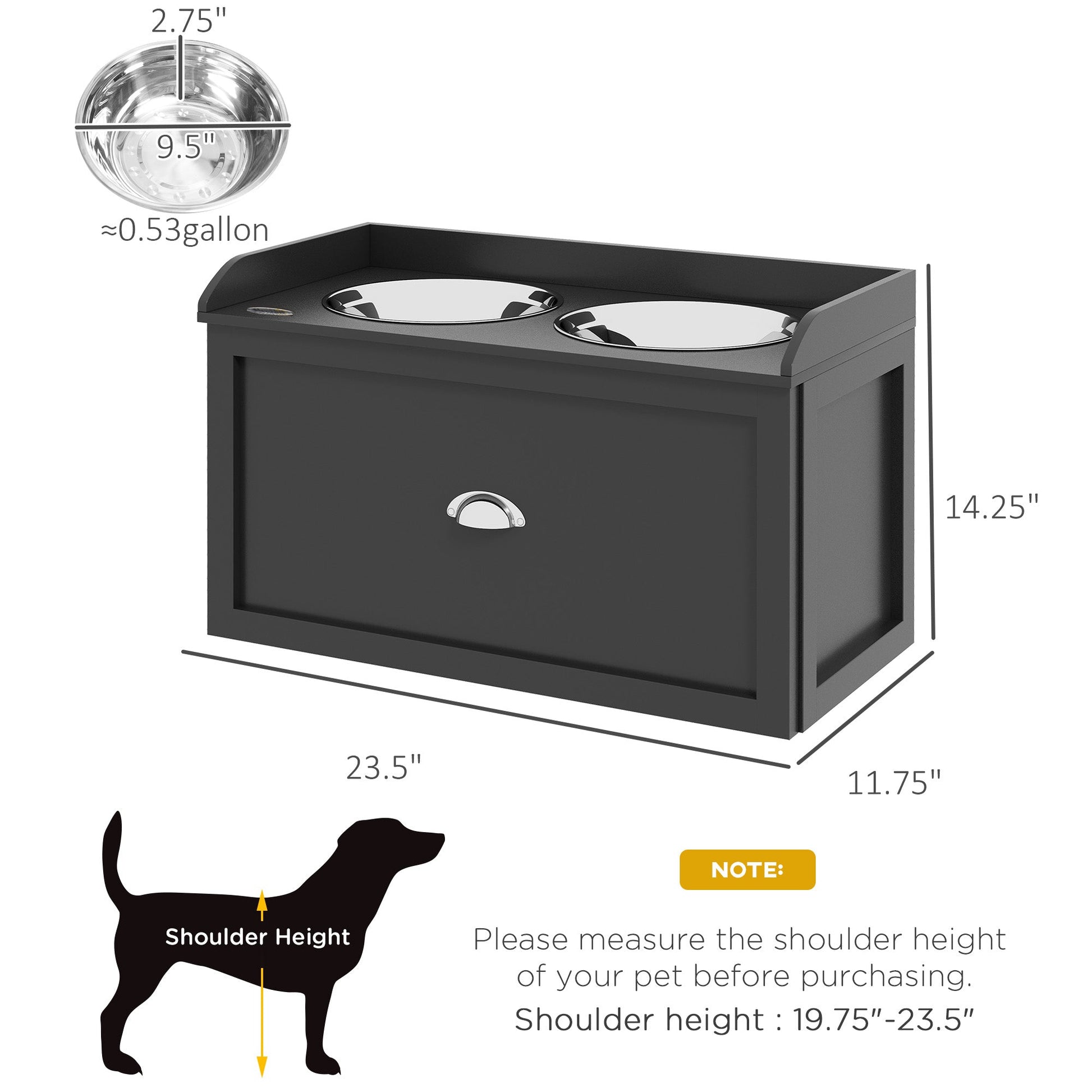 HKM-8827325 Elevated Pet Feeding Station with Storage - 2 Stainless Steel Bowls for Large Dogs, Black