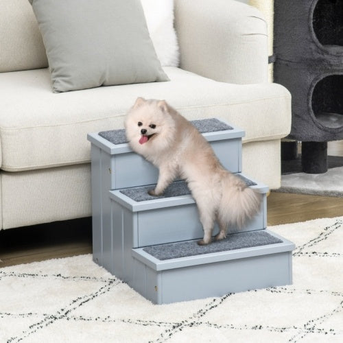 HKM-882899 3-Step Wooden Dog Steps with Hidden Storage for Easy Access to Beds and Couches, Grey Color