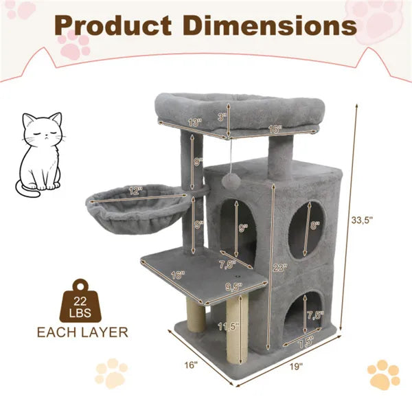 HKM-8830781 Multi-Level Cat Tree with Condo, Scratching Posts, and Anti-Toppling Device - Light Gray 33.5"