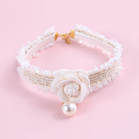 HKM-883091 Hand-Woven Small Fragrant Wind Camellia Pu Adjustable Cat Fairy Collar Bell Pearl Flower Pet Bib